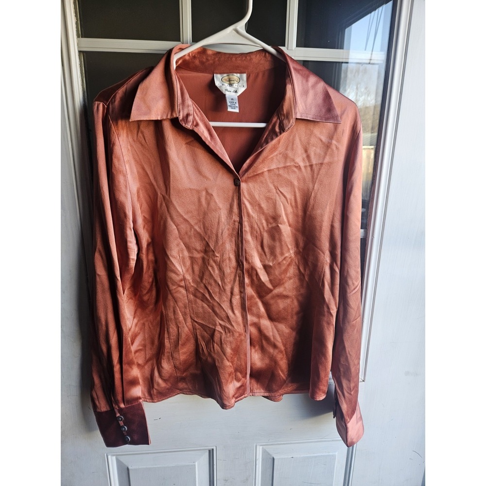 Talbots Petites Size 12 Pure Silk Button Up Blouse Shirt Burnt Orange Chic...